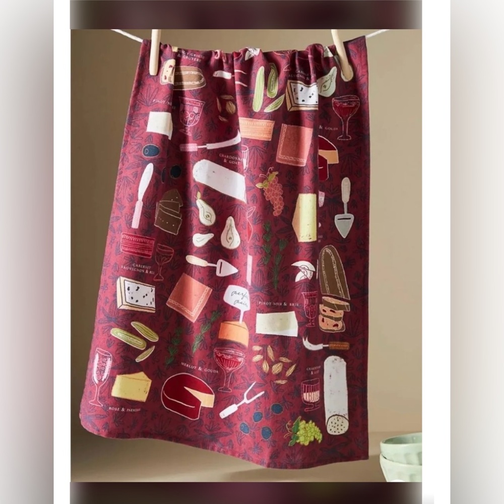 Anthropologie Wine & Cheese Dish Towel NWT